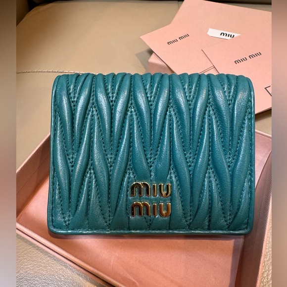 Miu Miu Handbags - Miu Miu Small matelassé nappa leather wallet teal